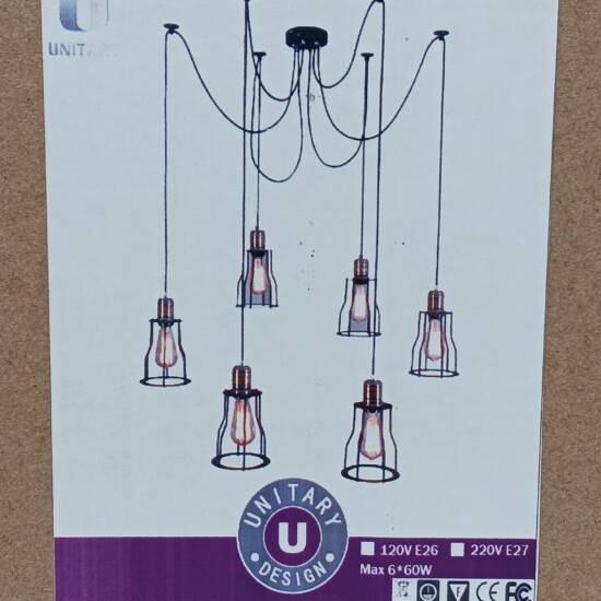 UNITARY BRAND 6 BULB BLACK CHANDELIER W/ COVERS