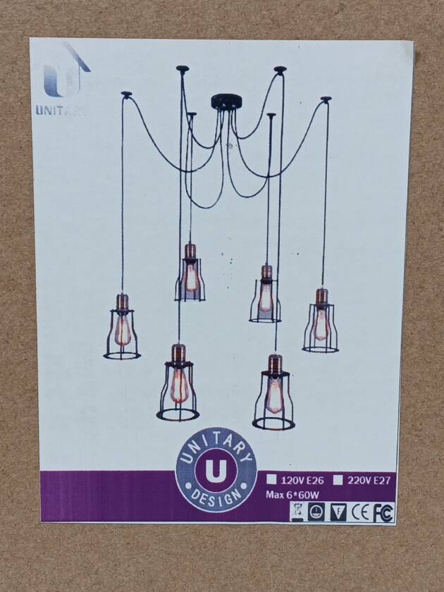 UNITARY BRAND 6 BULB BLACK CHANDELIER W/ COVERS