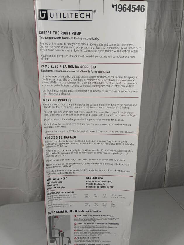 UTILITECH 1/3-HP THERMOPLASTIC PEDESTAL SUMP PUMP - ITEM SPECIFICATIONS